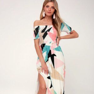 Shape of Love White Print Smocked Off-the-Shoulder Midi Dress